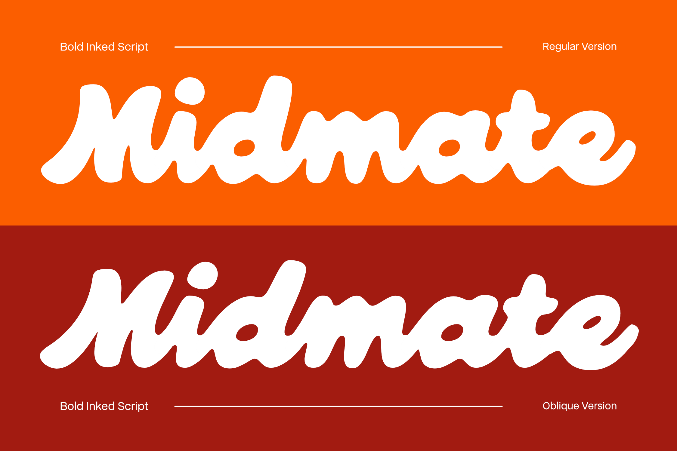 Midmaro script font showing bold inked version plus regular on orange, oblique on red