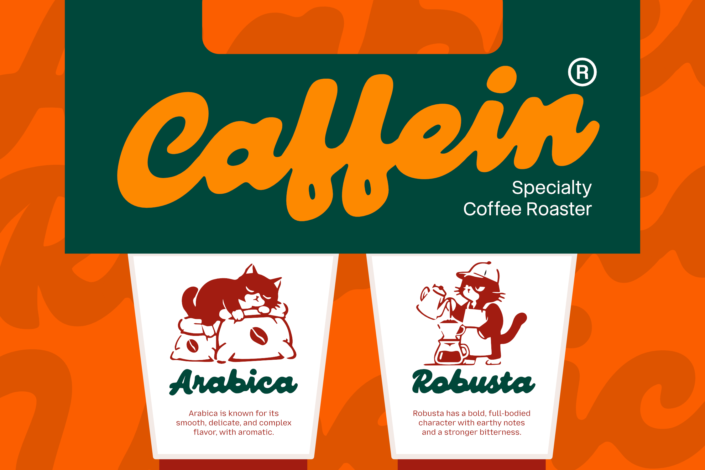 Caffein coffee roaster brand mockup with orange script logo on teal background, two cup designs showing Arabica plus Robusta varieties