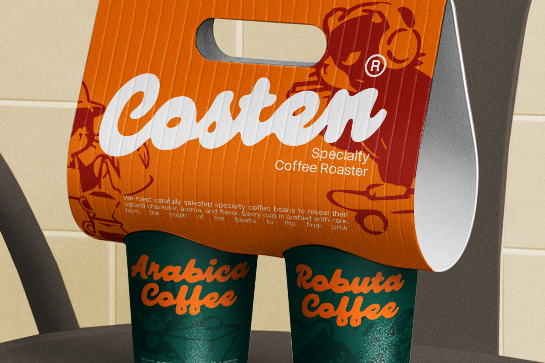 Specialty coffee brand packaging mockup with orange bag, two green cups, botanical illustrations