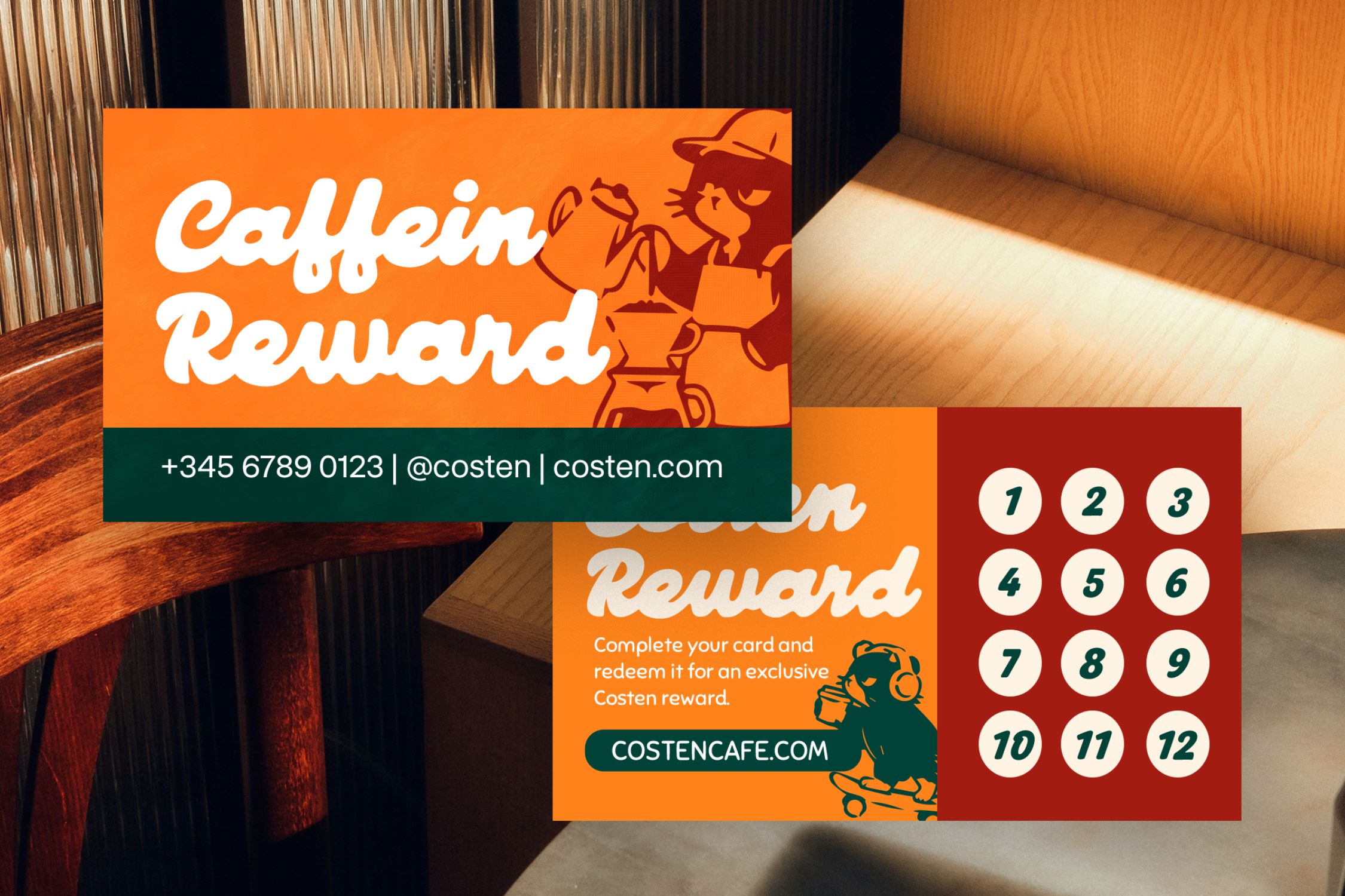 Caffein Reward loyalty punch card mockup with orange, red, teal colors on wooden desk