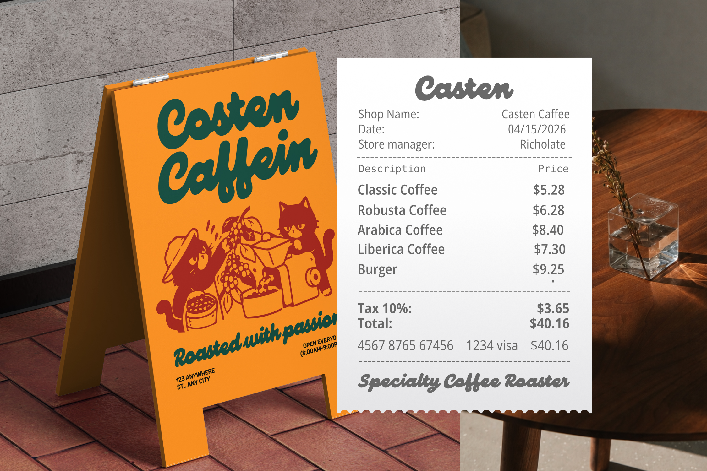 Bright orange sidewalk sign with "Casten Caffein" lettering plus receipt mockup showing coffee shop menu pricing