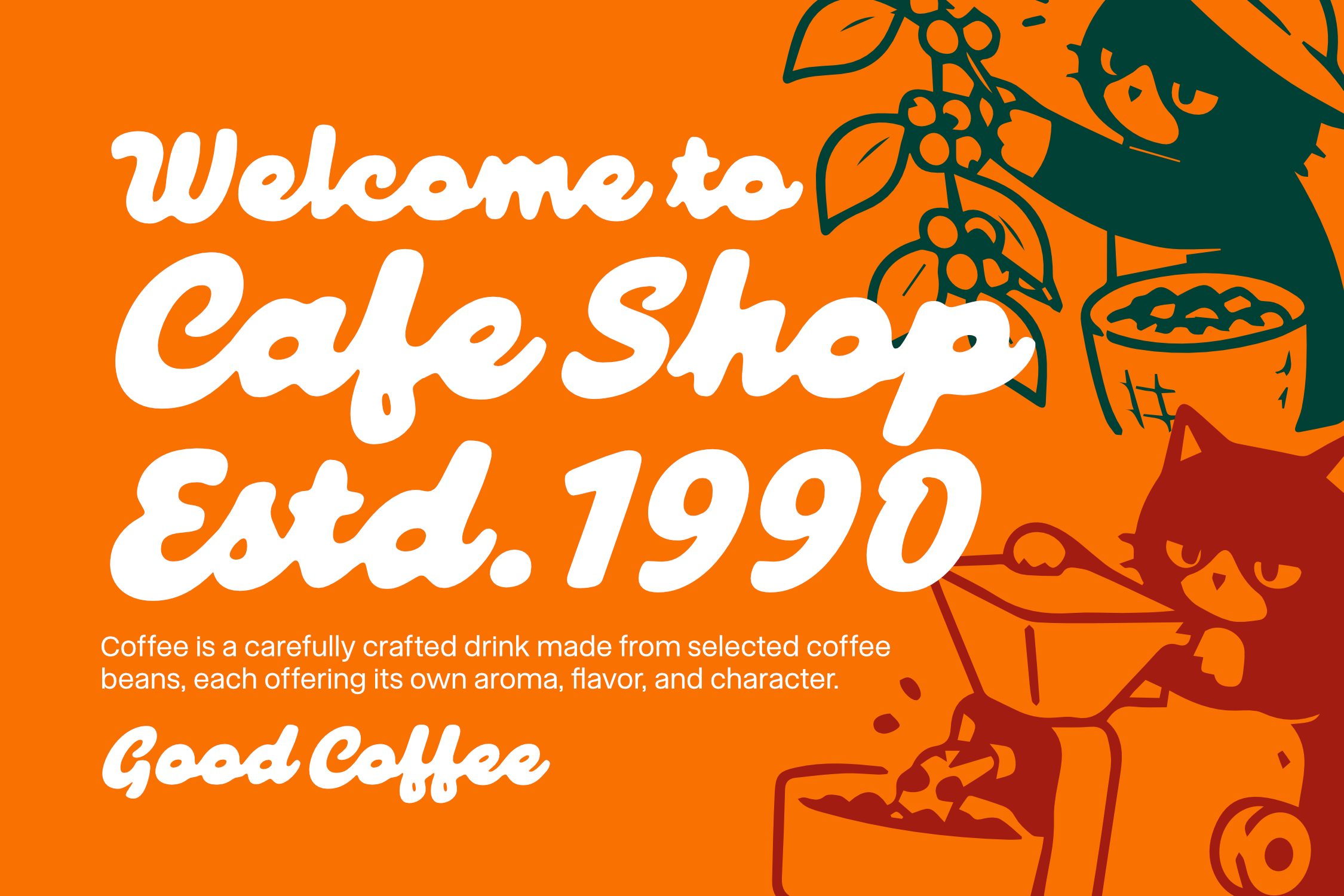 Retro coffee shop poster with orange background, script typography, botanical illustrations in teal, burgundy