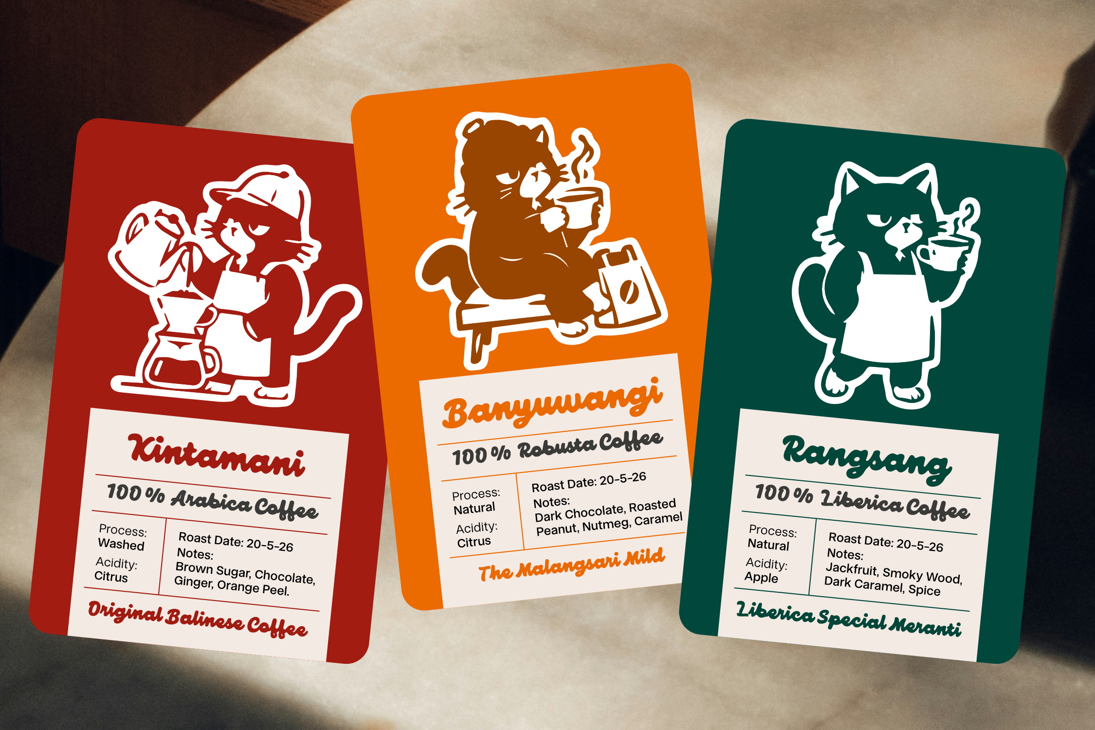 Cat coffee bag mockups in red, orange, plus green with playful line art characters