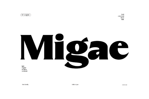 Migae typeface specimen showing 14 weights from light to extra bold in modern serif style