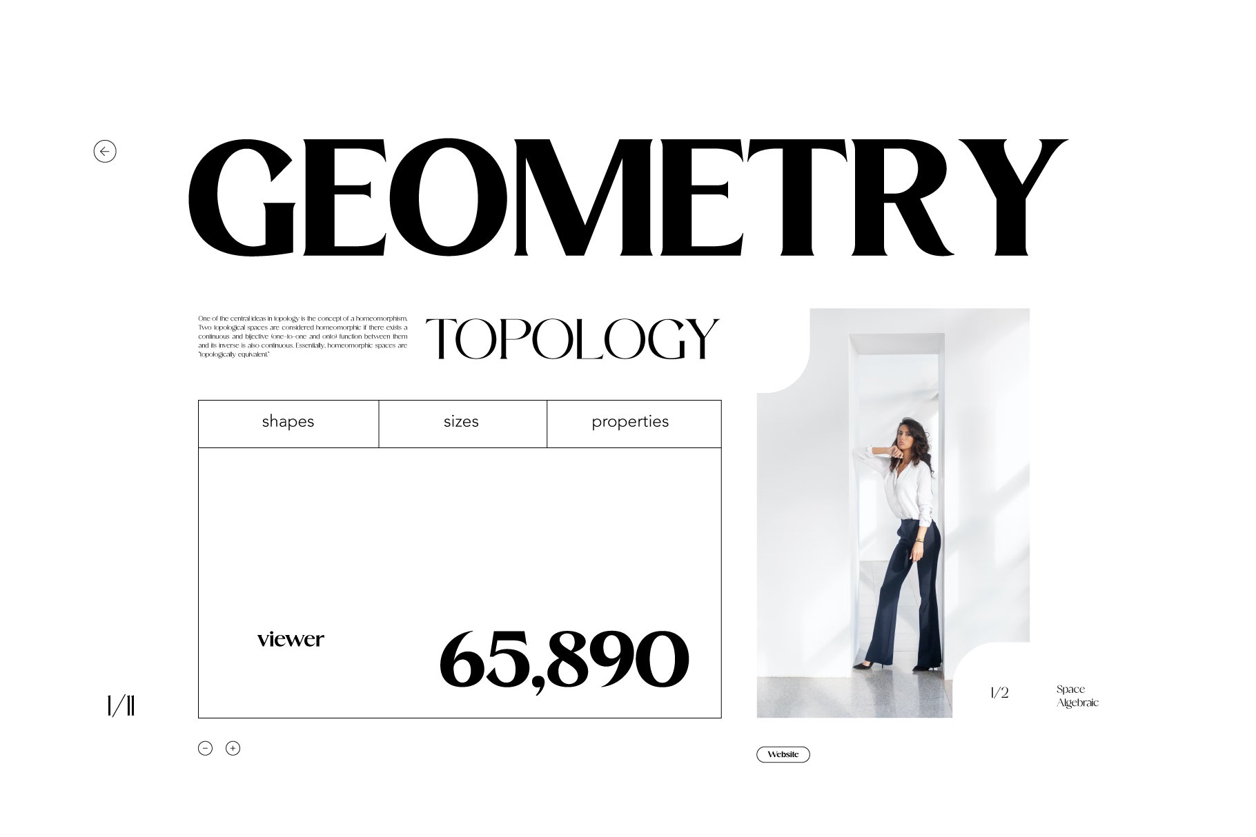Minimalist website mockup with bold geometry typography, data table, product photo of woman in white shirt