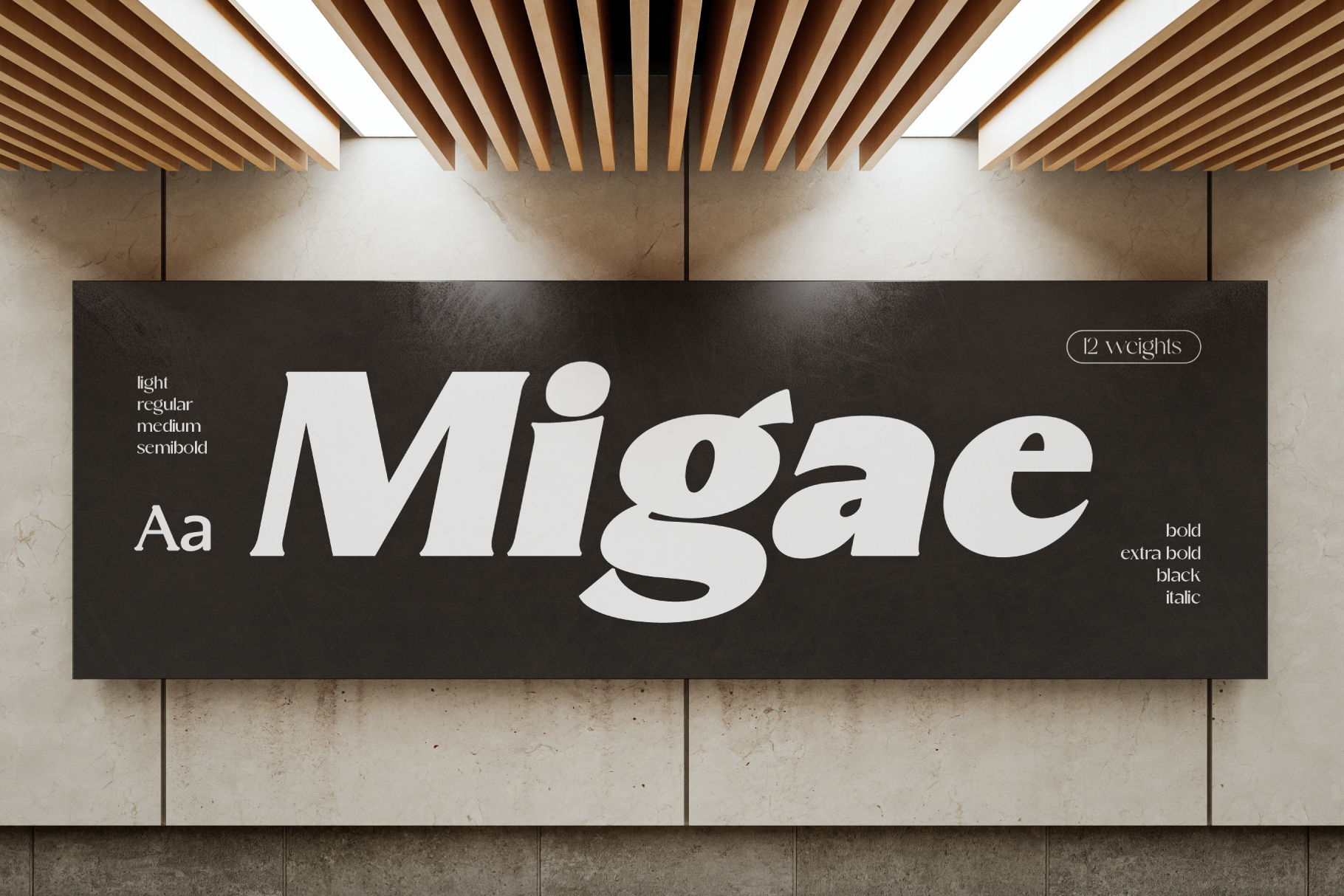 Migae typeface displayed on dark billboard with 12 weights shown in modern gallery space