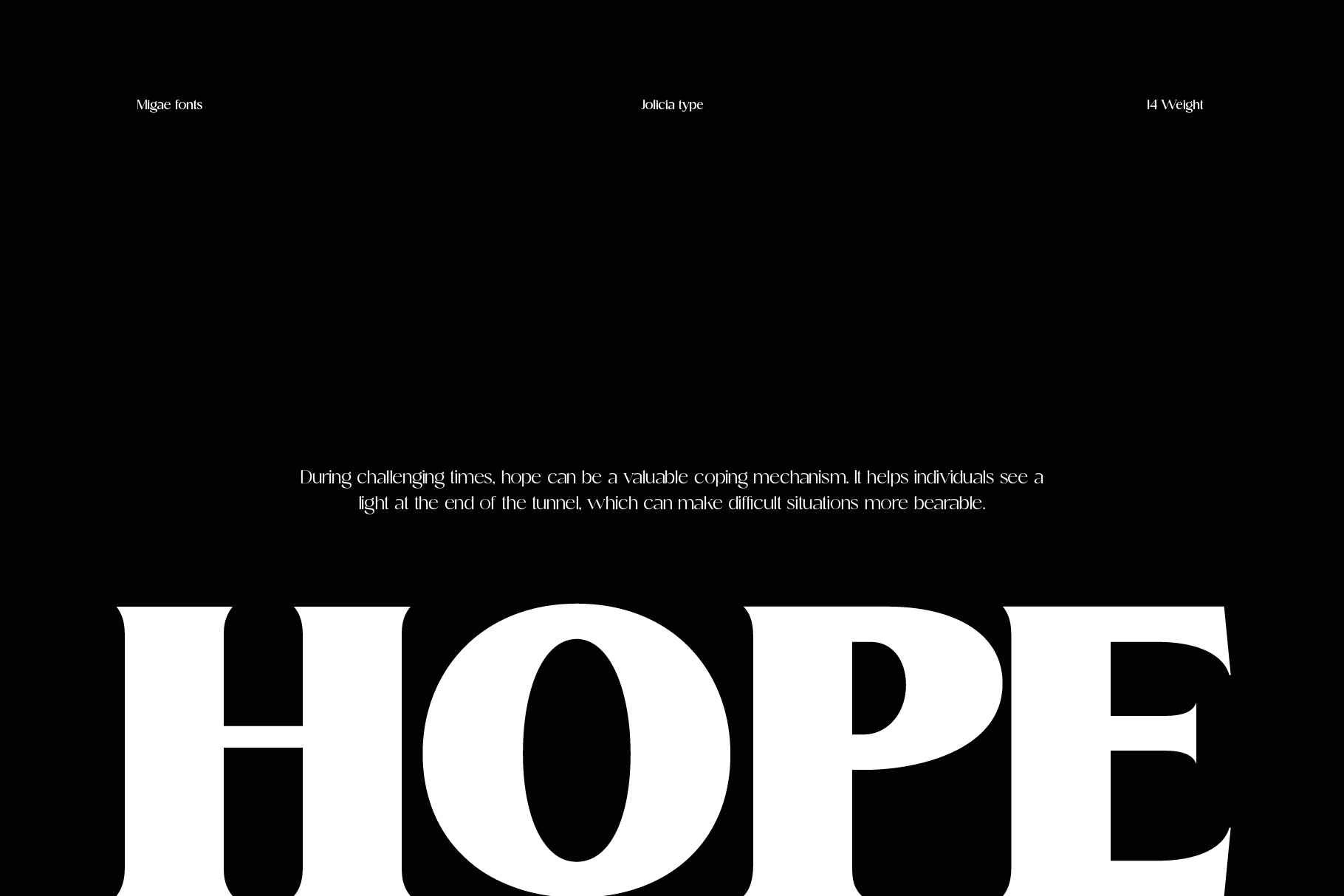 Jolicia typeface display showing large white letters spelling hope on black background