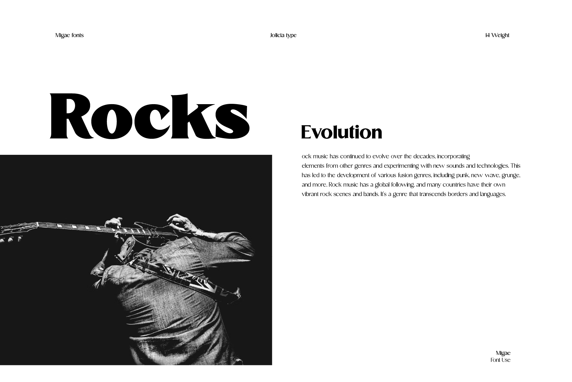 Rocks font display with guitarist photo, Evolution heading, Jolicia type sample