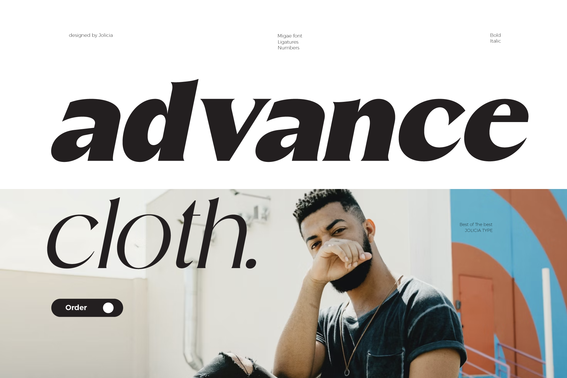 Migae font displayed in bold italic across fashion website mockup with male model