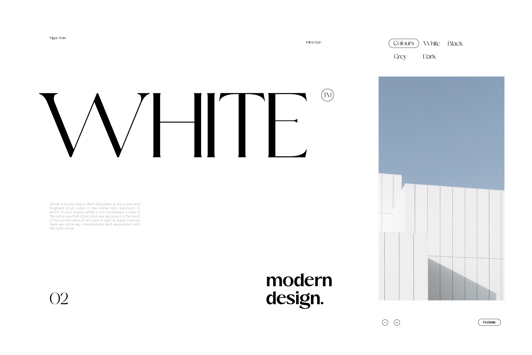 White font family specimen with modern design layout, color swatches, plus architecture imagery