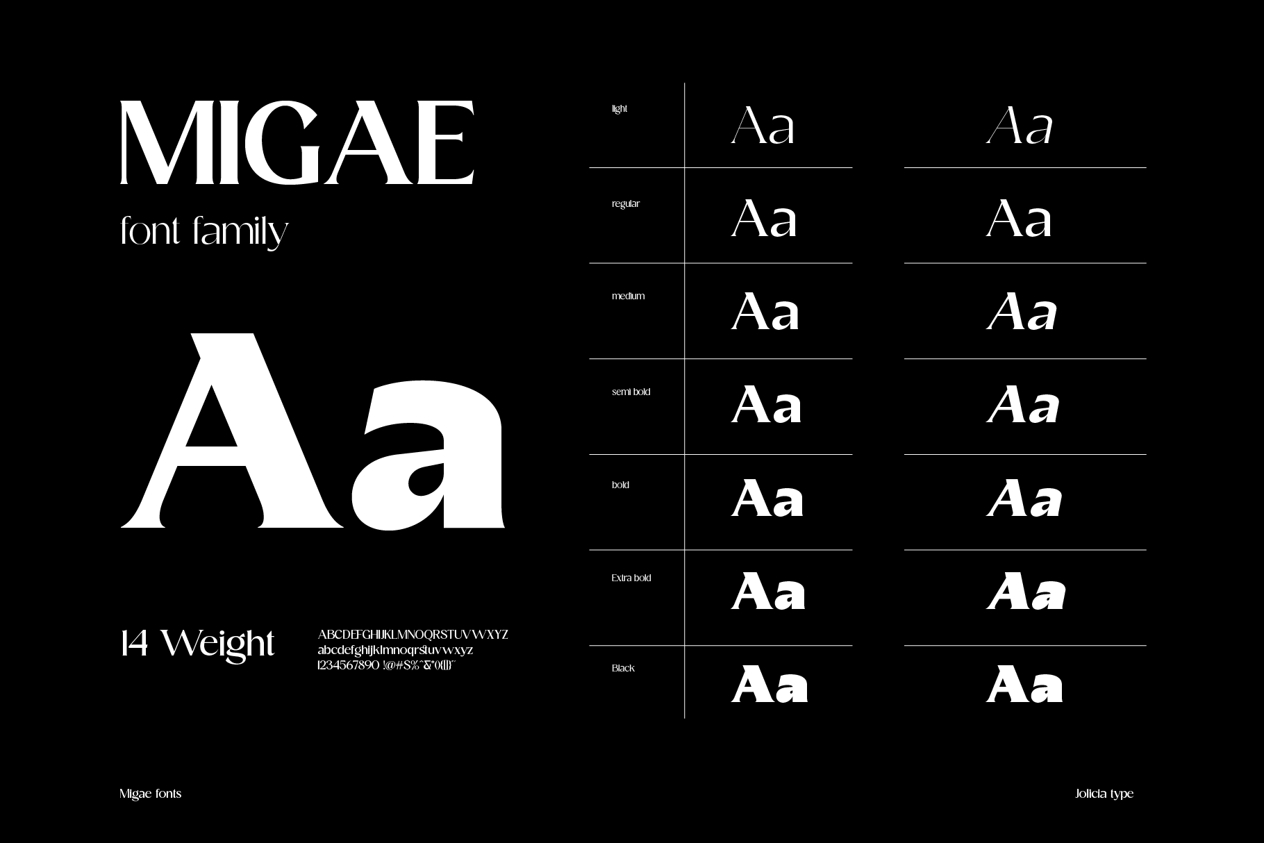 Migae serif font family with 14 weights displayed on black background