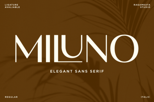 Miluno elegant sans serif font displayed in white on warm brown background with palm shadows