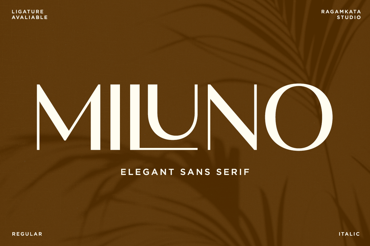 Miluno elegant sans serif font displayed in white on warm brown background with palm shadows
