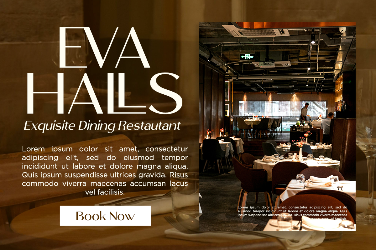 Luxury restaurant landing page mockup with elegant typography, moody dining interior photo, plus booking call-to-action