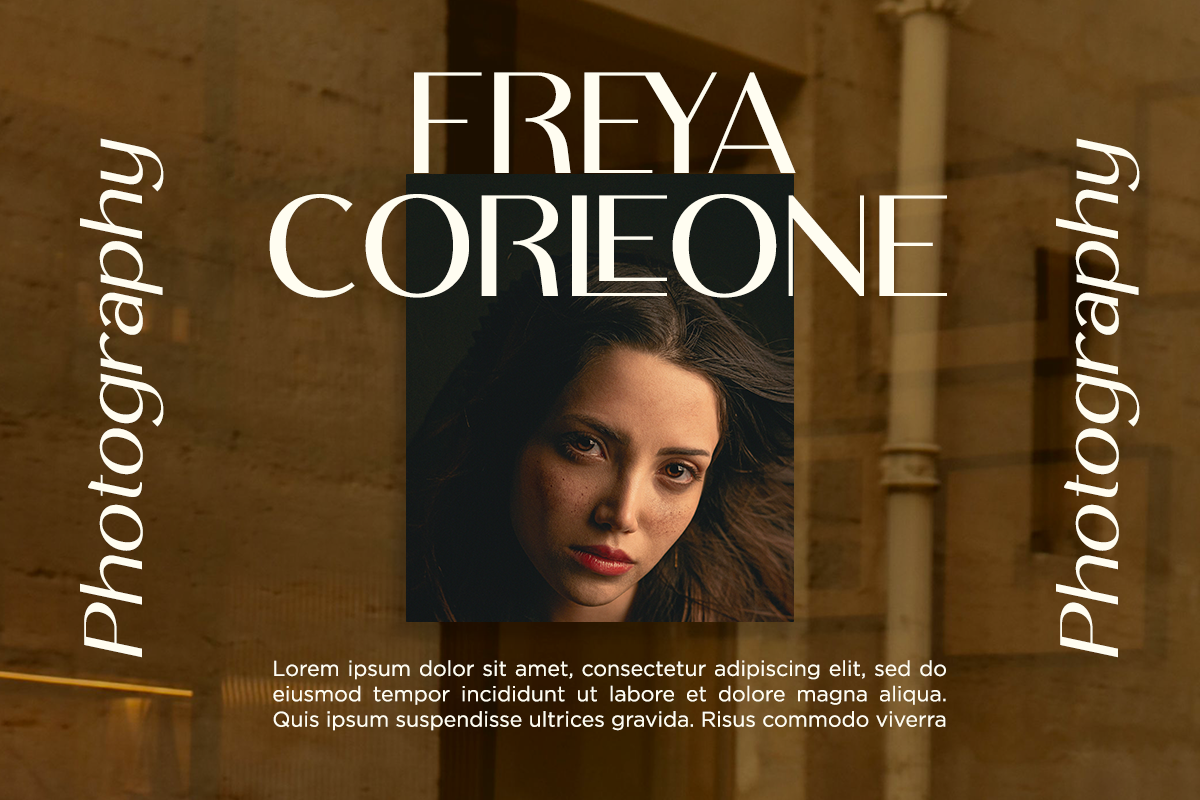 Freya Corleone photography mockup with portrait centered, vertical text on sides, warm brick background