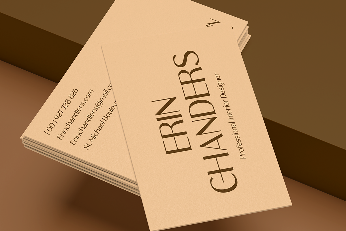 Cream business card stack mockup with brown text on warm toned background