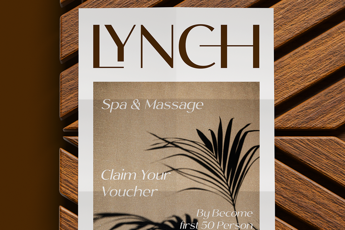 Lynch spa voucher flyer mockup on wood background with palm shadows