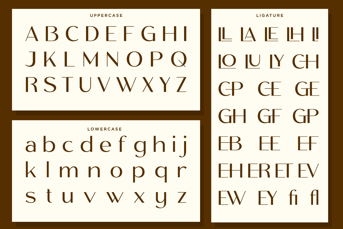 Elegant serif font showing uppercase, lowercase, ligatures in warm brown tones