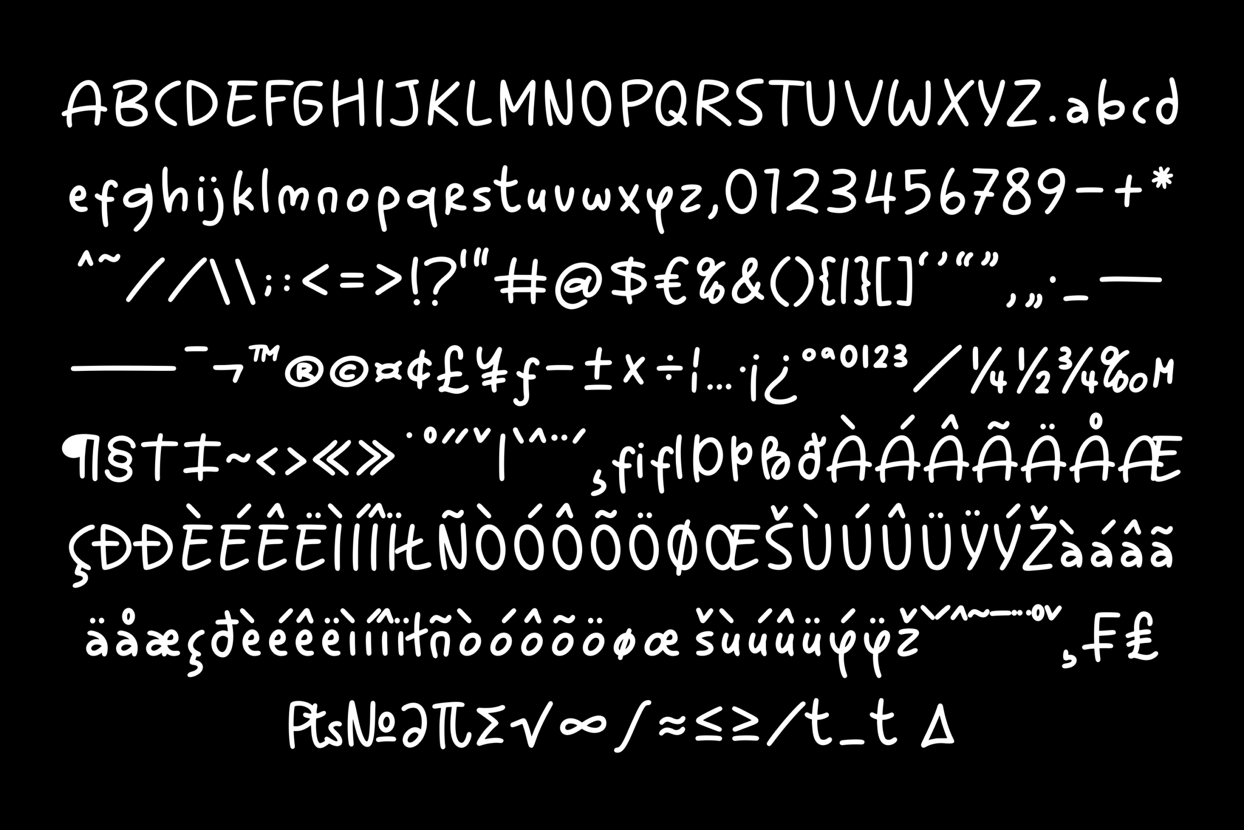 Handwritten script font with full character set, numbers, symbols, accents on black background