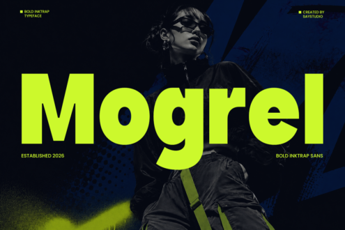 Neon yellow "Moogrel" typeface overlaid on moody blue portrait of person in sunglasses