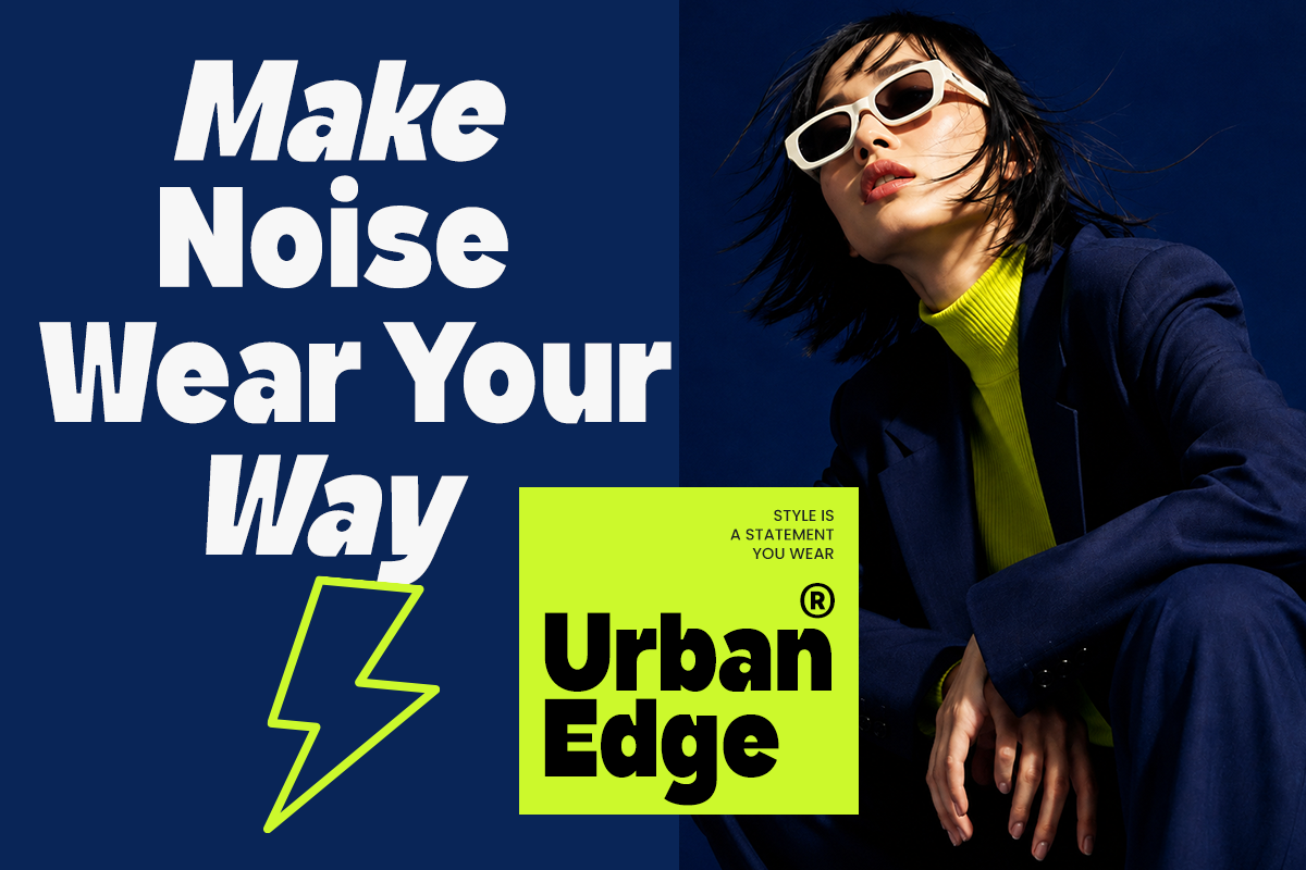 Urban Edge fashion poster mockup with model in sunglasses, navy blazer, neon yellow accents