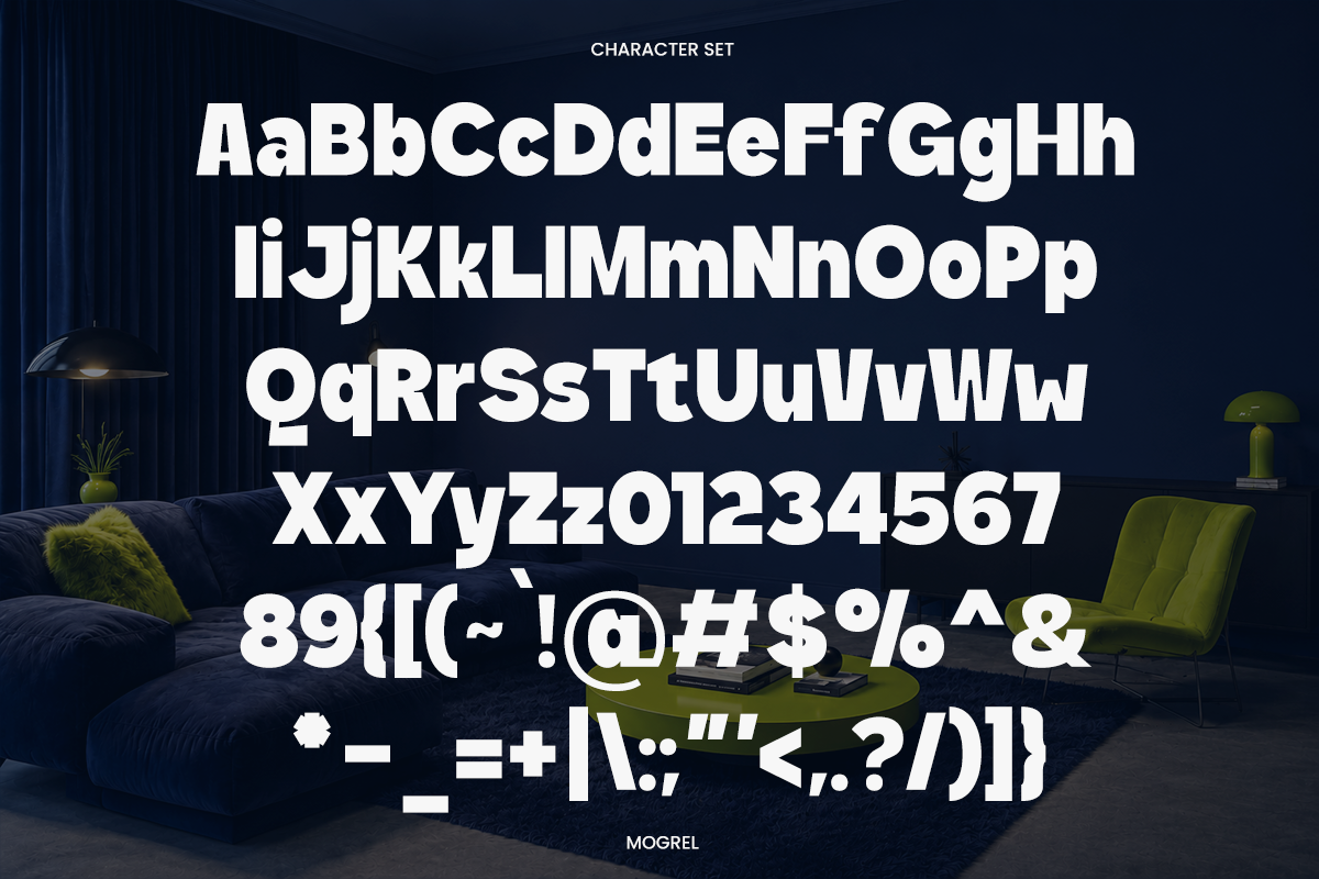 Bold sans serif font showing full character set with uppercase, lowercase, numbers, symbols on dark modern interior background