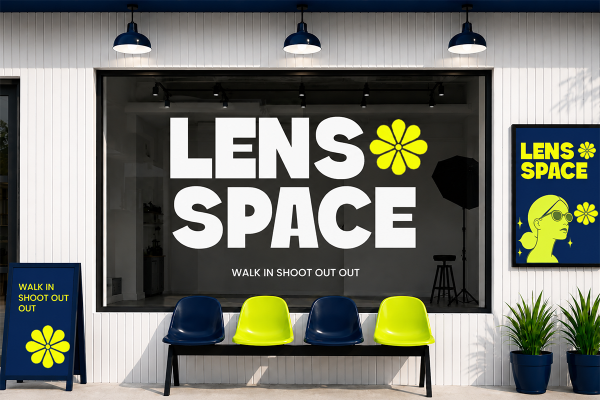 Studio storefront mockup with navy pendants, neon yellow flower branding, modern chairs, natural light