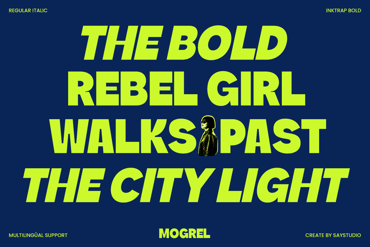 Bright neon yellow bold typeface on dark blue background with silhouette figure