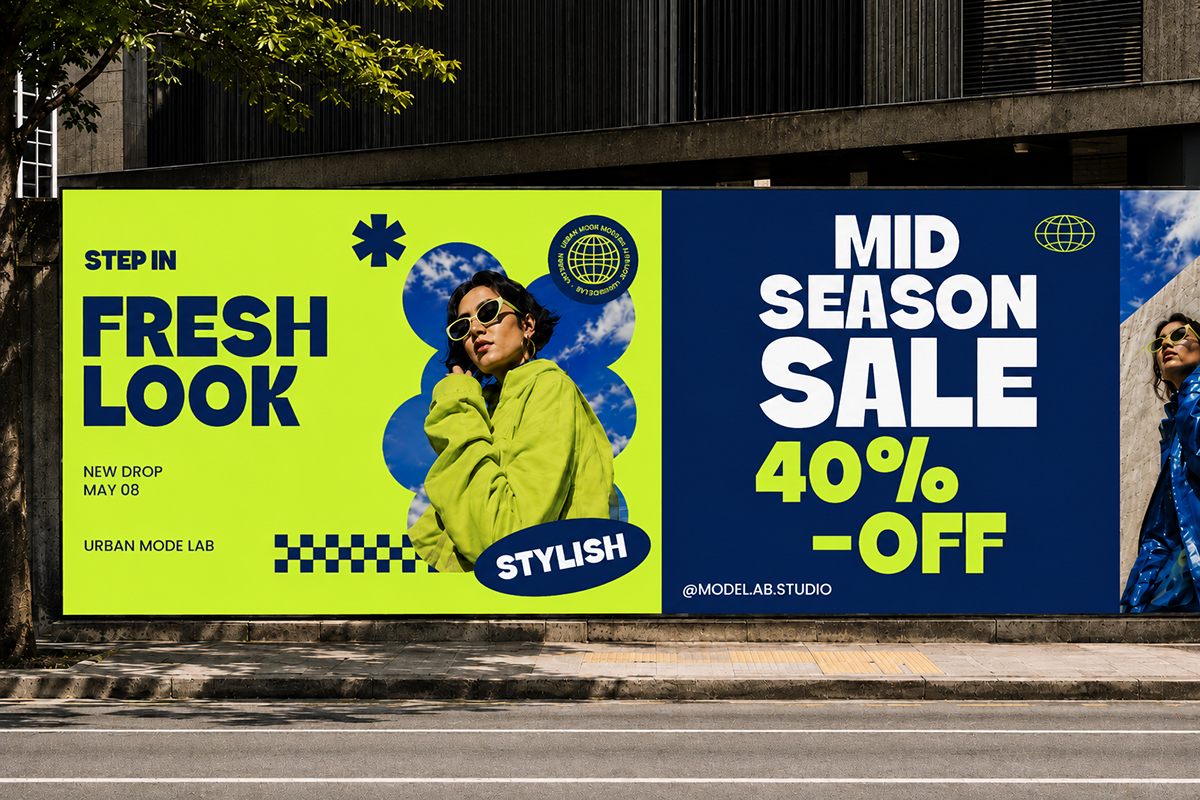 Bright neon yellow billboard with model in lime jacket, navy side promoting 40% off sale