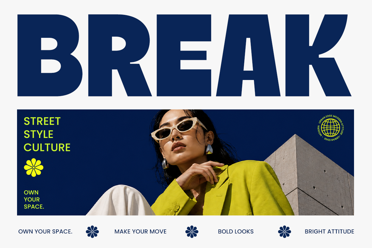 Bold streetwear magazine cover mockup with navy, yellow, model in sunglasses