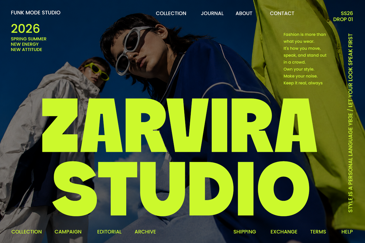 Neon yellow typography splashed over moody blue backdrop with two models wearing oversized sunglasses