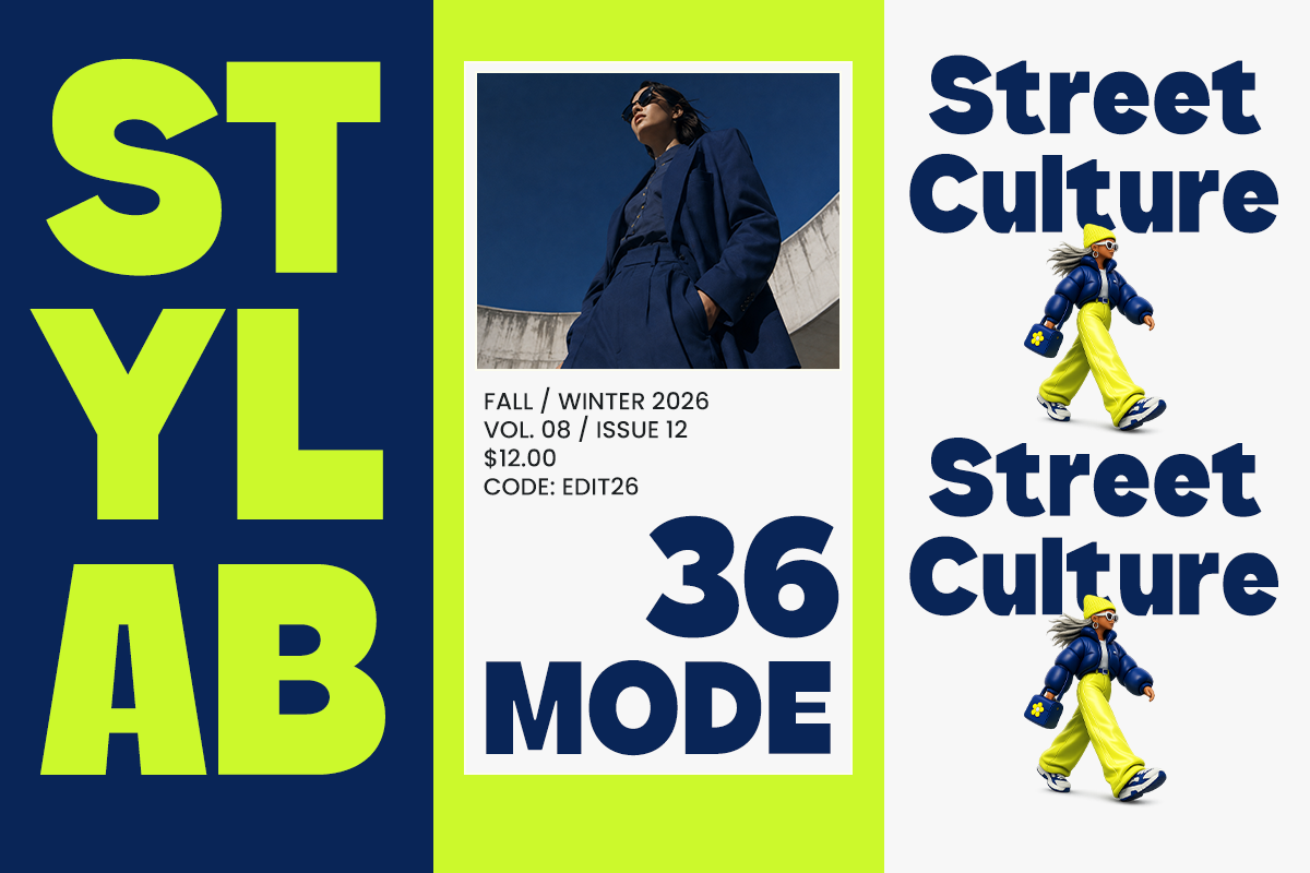Magazine cover mockup with neon yellow typography on navy, street culture imagery, bold layout design