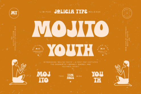 Mojito Youth font display on warm orange background with retro line illustrations