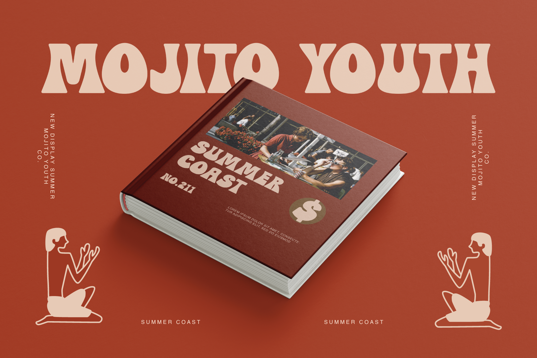 Magazine cover mockup with burgundy book on terracotta background, lifestyle photography