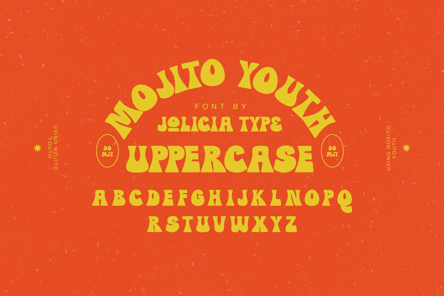Mojito Youth font in bold yellow letters on red textured background with full alphabet display