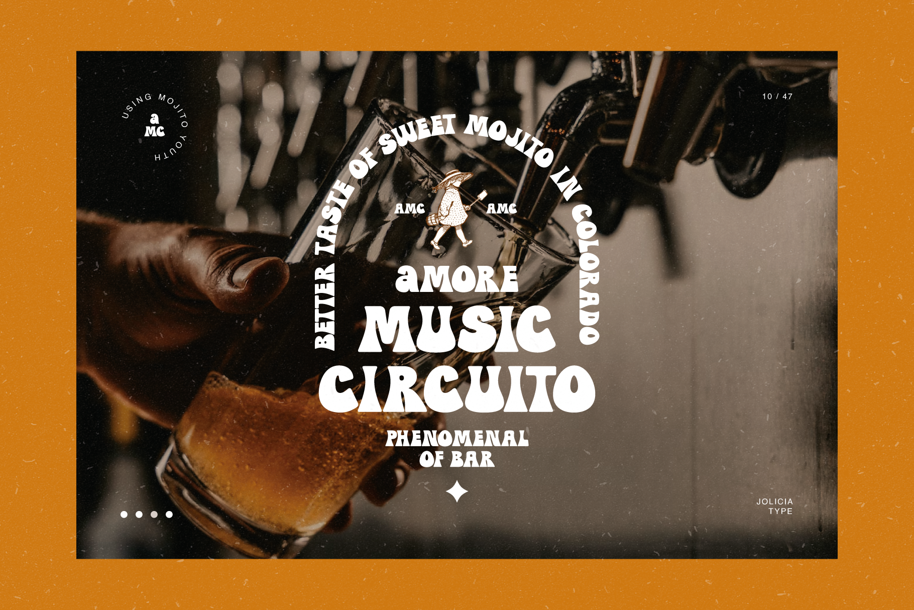 Moody bar scene mockup with layered typography over cocktail imagery, vintage grain effect, circular logo badge