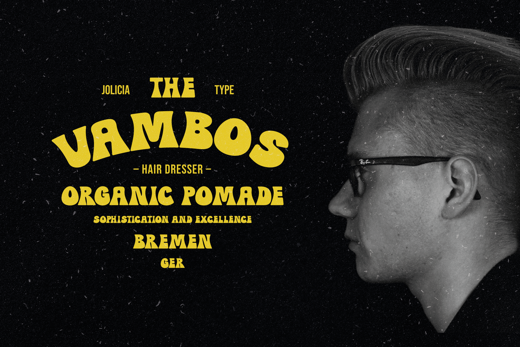 Vintage barber shop poster with bold yellow typography on black, retro male profile portrait with sunglasses
