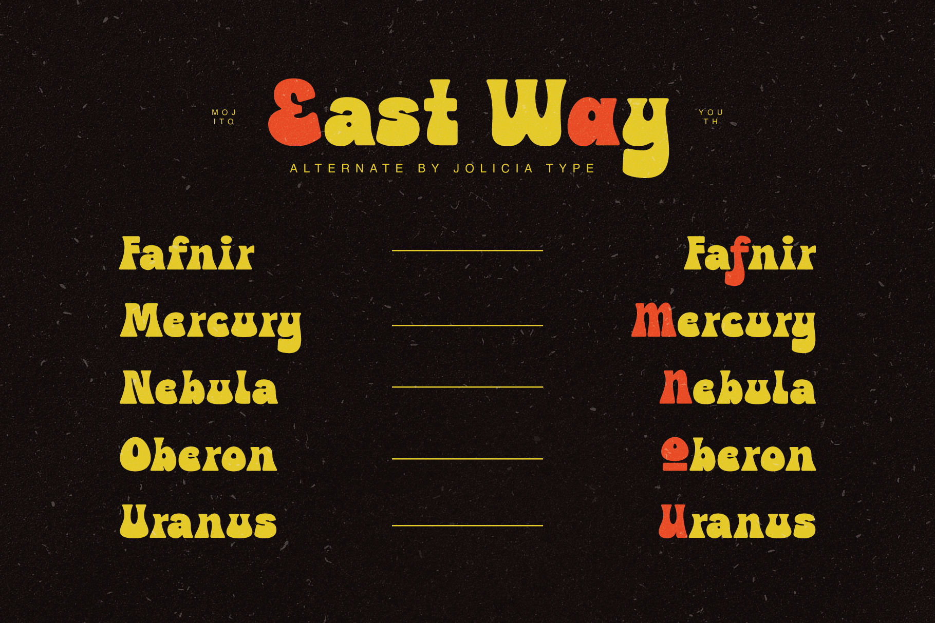 East Way font showcase with yellow, red letter variations on black textured background