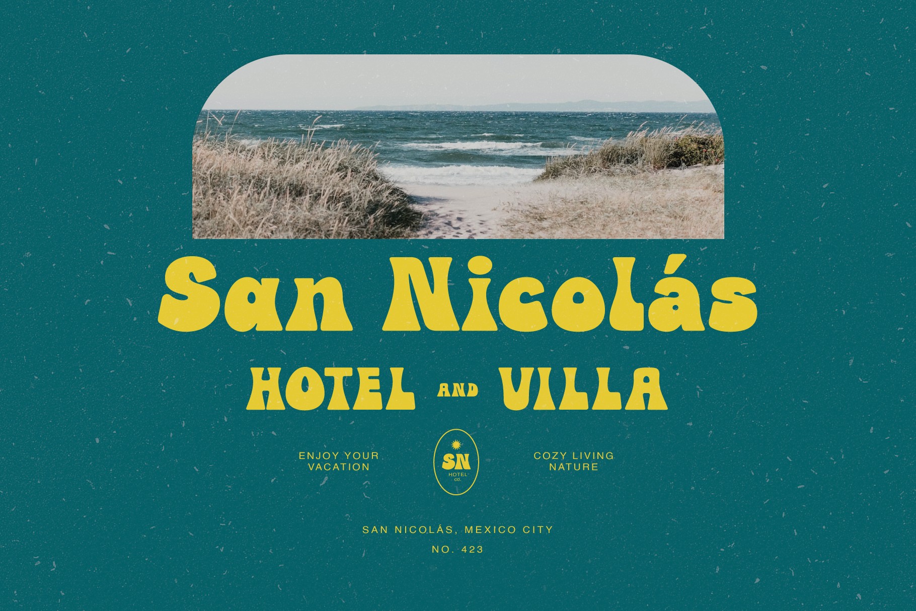 Vintage hotel poster with beach photo, teal background, yellow retro typography for San Nicolás