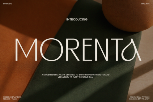 Morenta display typeface overlay on warm earth-toned fabric textures with geometric shapes