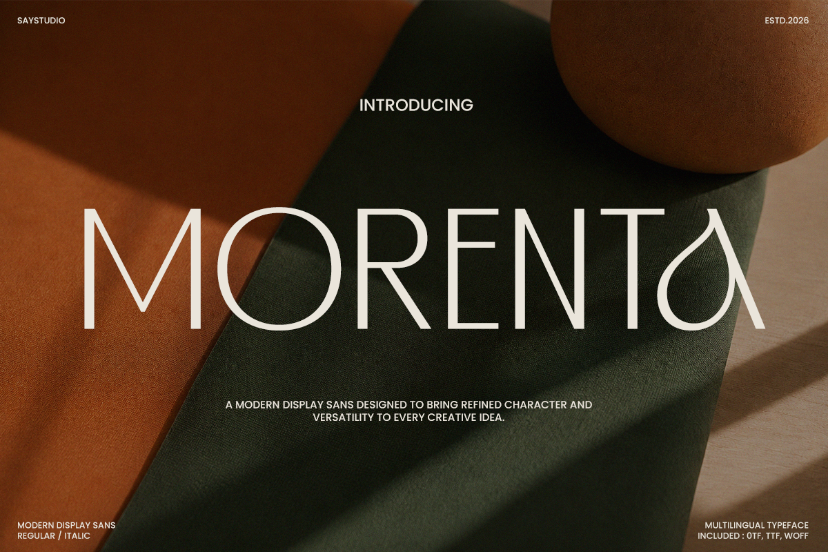 Morenta display typeface overlay on warm earth-toned fabric textures with geometric shapes