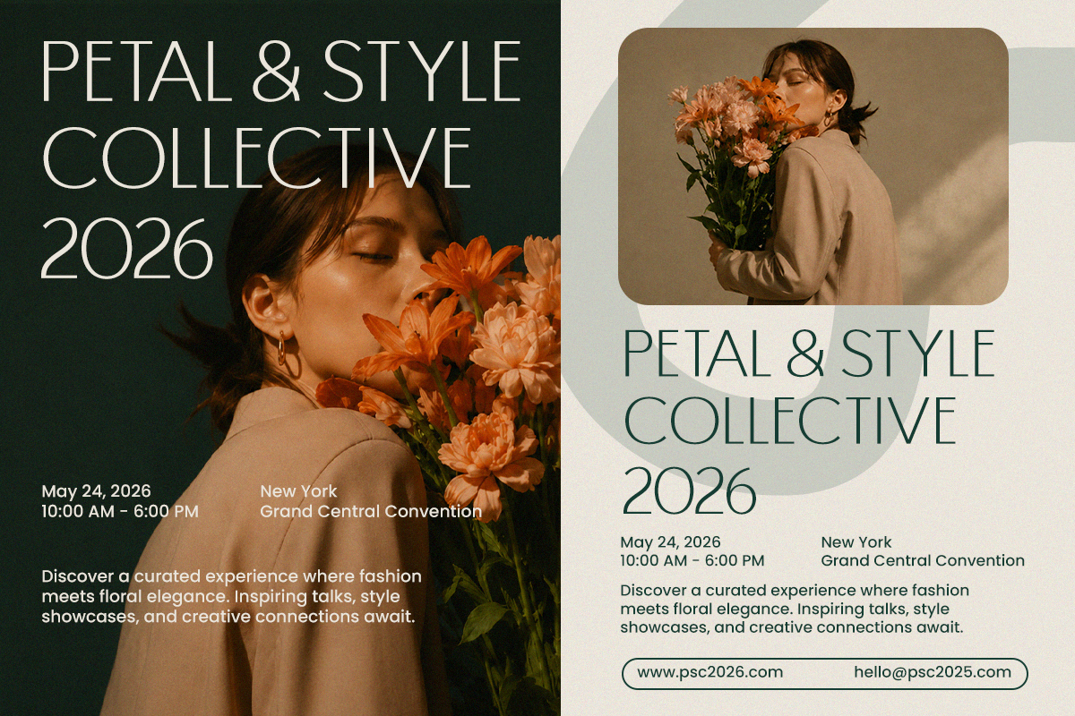 Two-page event poster layout with woman holding orange flowers, earthy tones, event details for fashion conference