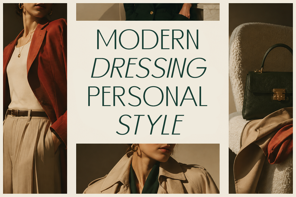 Modern dressing personal style moodboard with rust blazer cream trousers black bag