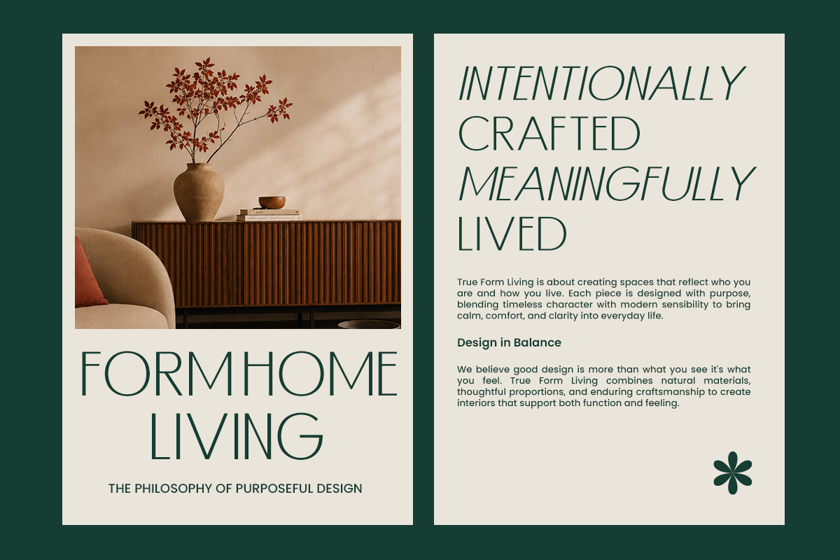 Form Home Living brand guide spread with minimalist interior styling, typography, philosophy text