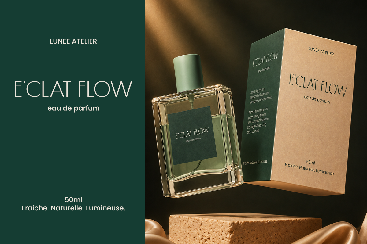 Luxury perfume bottle with green cap, box, plus branding mockup on earthy tones