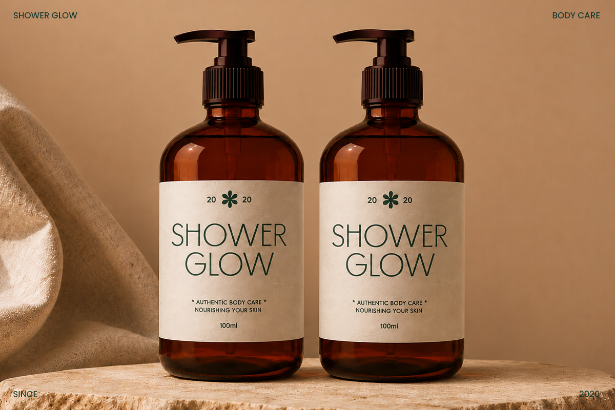 Pair of amber glass pump bottles with cream labels reading "Shower Glow" on warm beige backdrop with towel styling