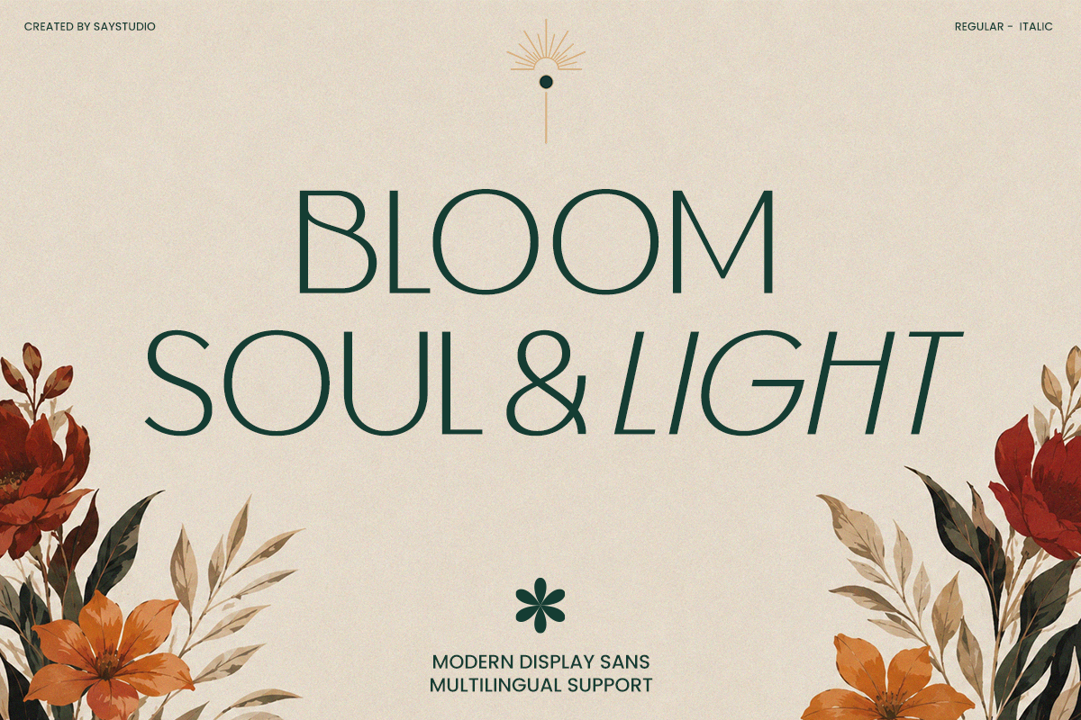 Bloom Soul Light font display with botanical illustrations, sun motif, cream background