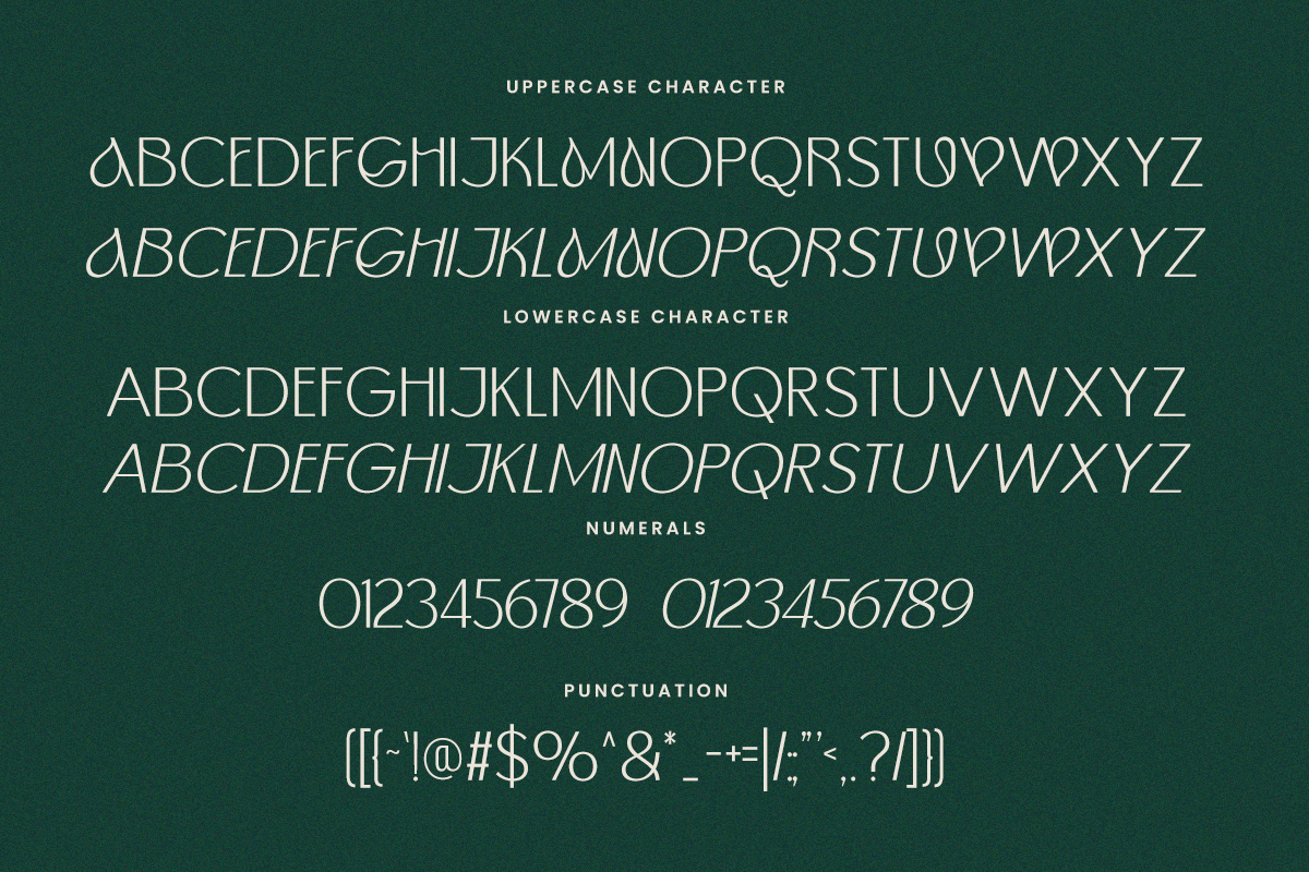 Minimalist sans serif font with uppercase, lowercase, numerals, punctuation on deep forest green background