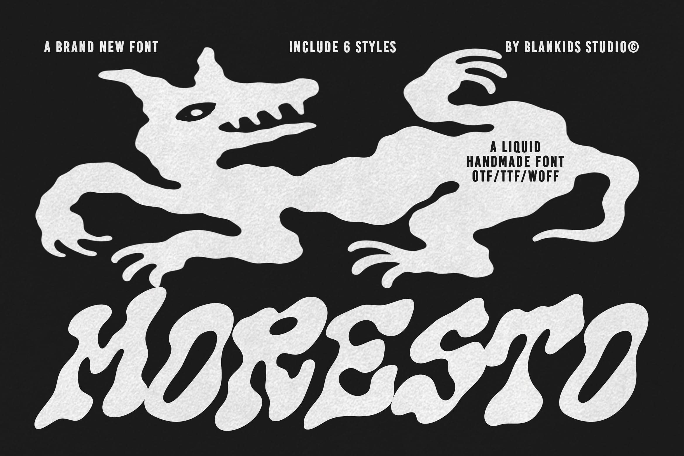 Liquid handmade font with 6 styles featuring quirky creature shapes, black background