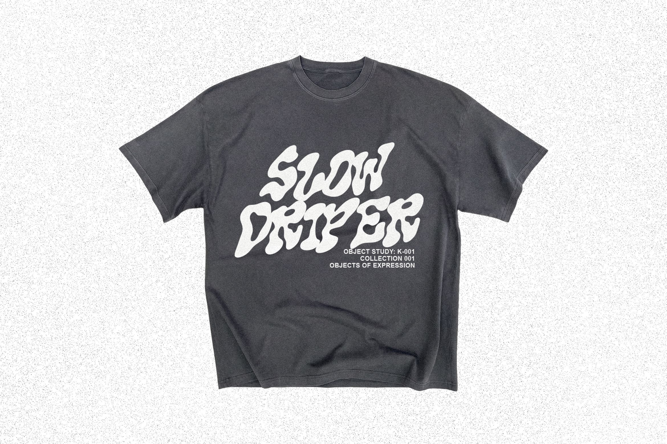 Charcoal tee with flowing white lettering reading Slow Drifter plus collection details
